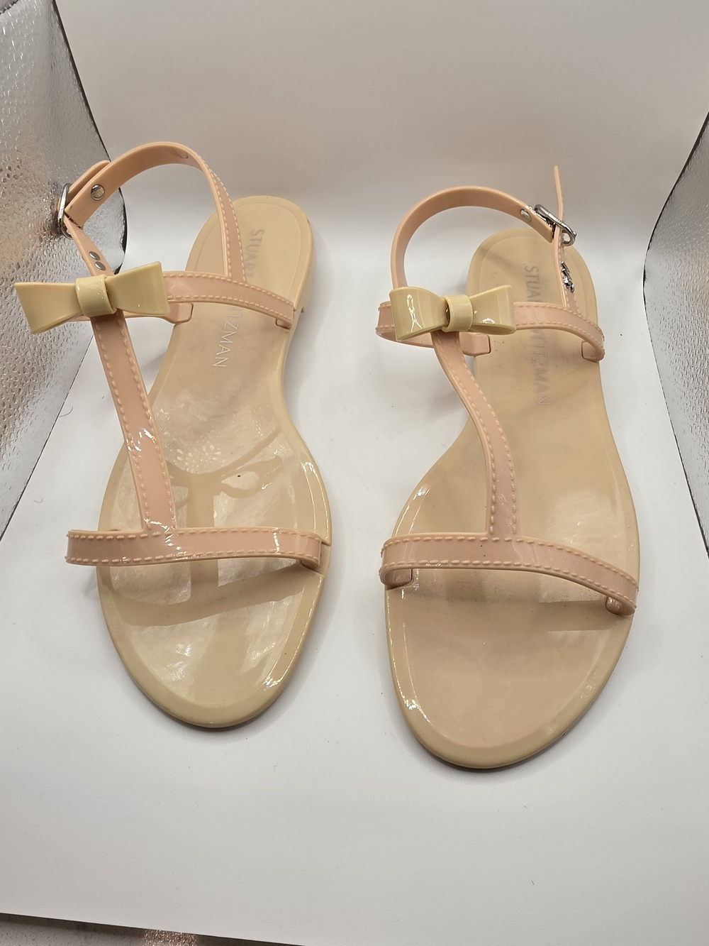 Stuart Weitzman Peach Patent T-Strap Sandals with Cream Bows